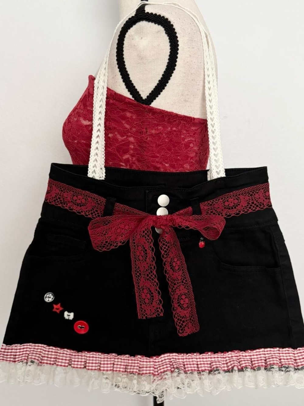 red ladybug & red gingham black denim skirt tote bag🐞✨